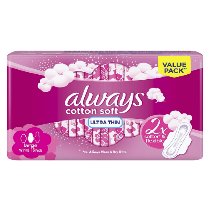 ALWAYS COTTON SOFT ULTRA THIN LARGE SANITARY PADS WITH WINGS - 16 PADS